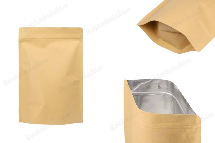 Kraft DoyPack kesice sa zip zatvaranjem, unutrašnjom aluminijumskom oblogom, ovalnim dnom i sa mogućnošću termo zatvaranja 200x50x300 mm – 50 kom-slika_proizvoda