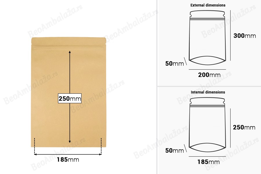 Kraft DoyPack kesice sa zip zatvaranjem, unutrašnjom aluminijumskom oblogom, ovalnim dnom i sa mogućnošću termo zatvaranja 200x50x300 mm – 50 kom-dimenzije_slike