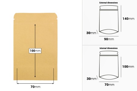 Kraft DoyPack kesice 90x30x140 mm sa zip zatvaranjem, unutrašnjom aluminijumskom oblogom, ovalnim dnom i sa mogućnošću termo zatvaranja – 50 kom-dimenzije_slike