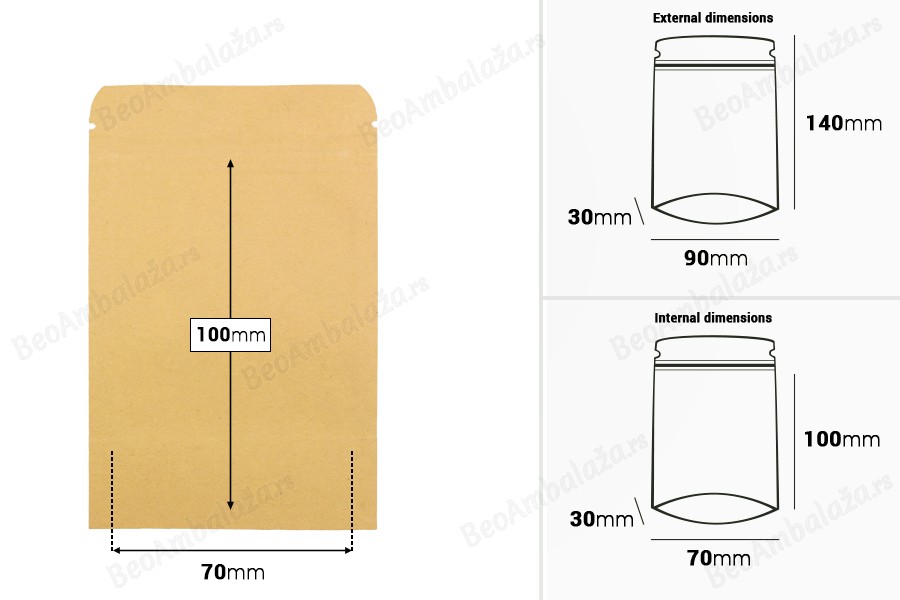 Kraft DoyPack kesice 90x30x140 mm sa zip zatvaranjem, unutrašnjom aluminijumskom oblogom, ovalnim dnom i sa mogućnošću termo zatvaranja – 50 kom-dimenzije_slike
