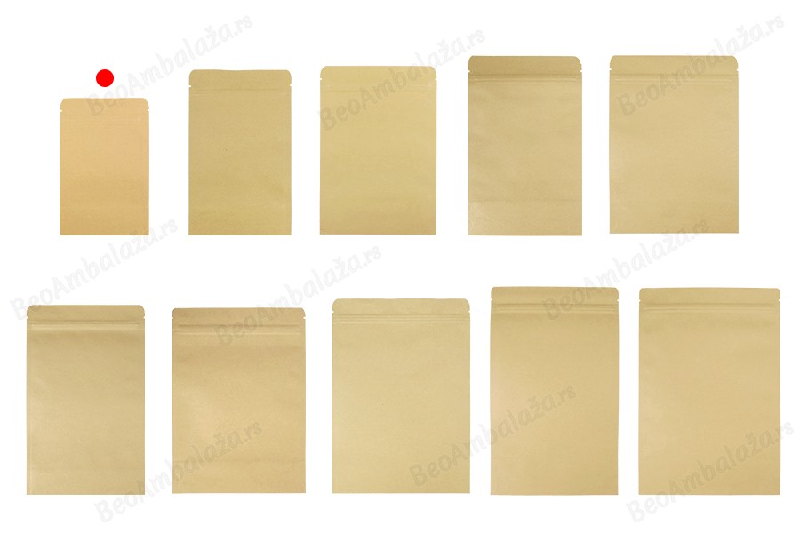 Kraft DoyPack kesice 90x30x140 mm sa zip zatvaranjem, unutrašnjom aluminijumskom oblogom, ovalnim dnom i sa mogućnošću termo zatvaranja – 50 kom-grupa_slika