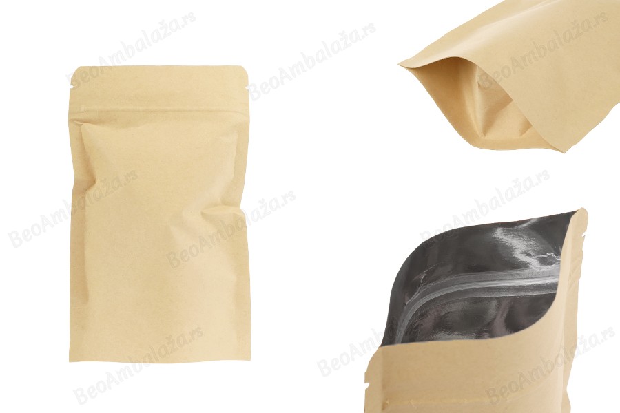 Kraft DoyPack kesice 110x30x185 mm sa zip zatvaranjem, unutrašnjom aluminijumskom oblogom, ovalnim dnom i sa mogućnošću termo zatvaranja – 50 kom-slika_proizvoda