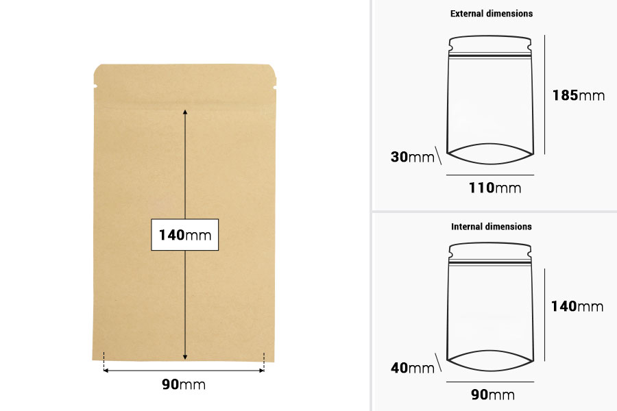 Kraft DoyPack kesice 110x30x185 mm sa zip zatvaranjem, unutrašnjom aluminijumskom oblogom, ovalnim dnom i sa mogućnošću termo zatvaranja – 50 kom-dimenzije_slike