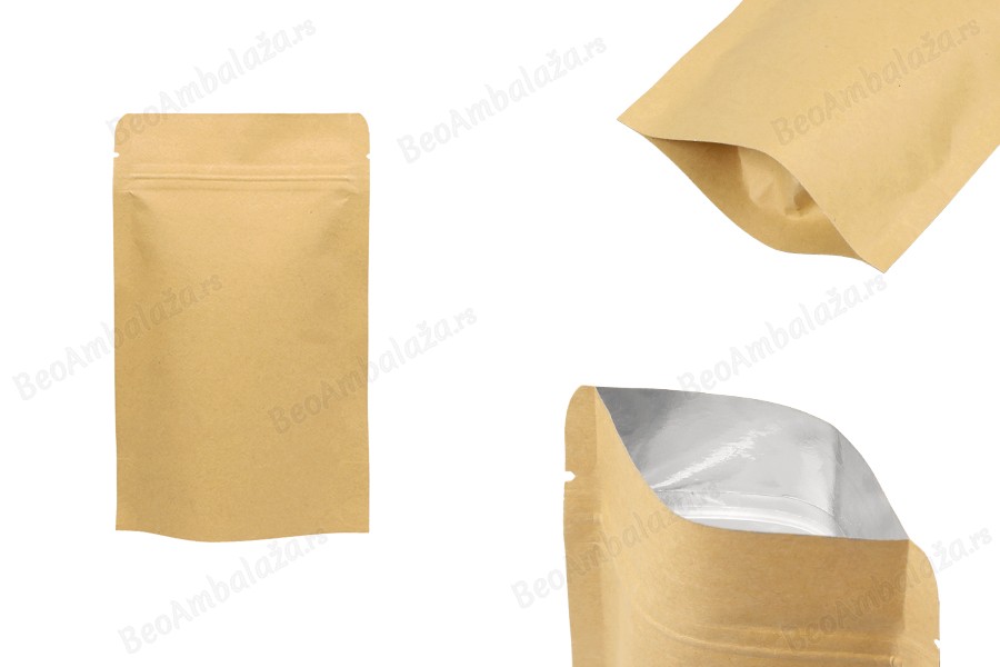Kraft DoyPack kesice 110x30x185 mm sa zip zatvaranjem, unutrašnjom aluminijumskom oblogom, ovalnim dnom i sa mogućnošću termo zatvaranja – 50 kom-slika_proizvoda