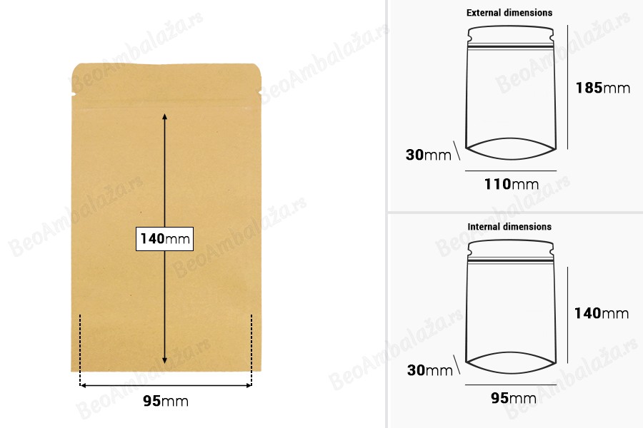 Kraft DoyPack kesice 110x30x185 mm sa zip zatvaranjem, unutrašnjom aluminijumskom oblogom, ovalnim dnom i sa mogućnošću termo zatvaranja – 50 kom-dimenzije_slike