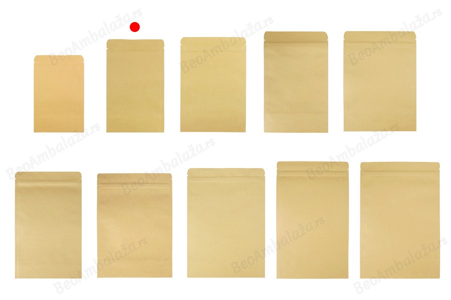 Kraft DoyPack kesice 110x30x185 mm sa zip zatvaranjem, unutrašnjom aluminijumskom oblogom, ovalnim dnom i sa mogućnošću termo zatvaranja – 50 kom-grupa_slika