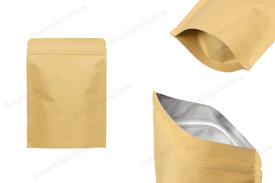 Kraft DoyPack kesice sa zip zatvaranjem, unutrašnjom aluminijumskom oblogom, ovalnim dnom i sa mogućnošću termo zatvaranja 130x40x185 mm – 50 kom-slika_proizvoda