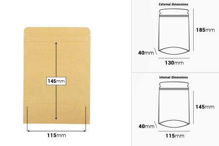 Kraft DoyPack kesice sa zip zatvaranjem, unutrašnjom aluminijumskom oblogom, ovalnim dnom i sa mogućnošću termo zatvaranja 130x40x185 mm – 50 kom-dimenzije_slike