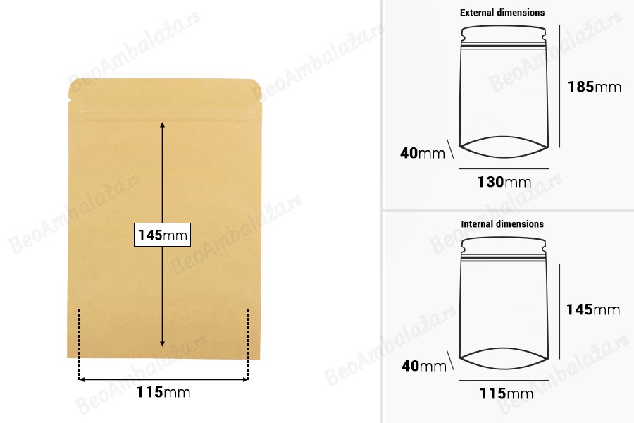 Kraft DoyPack kesice sa zip zatvaranjem, unutrašnjom aluminijumskom oblogom, ovalnim dnom i sa mogućnošću termo zatvaranja 130x40x185 mm – 50 kom-dimenzije_slike