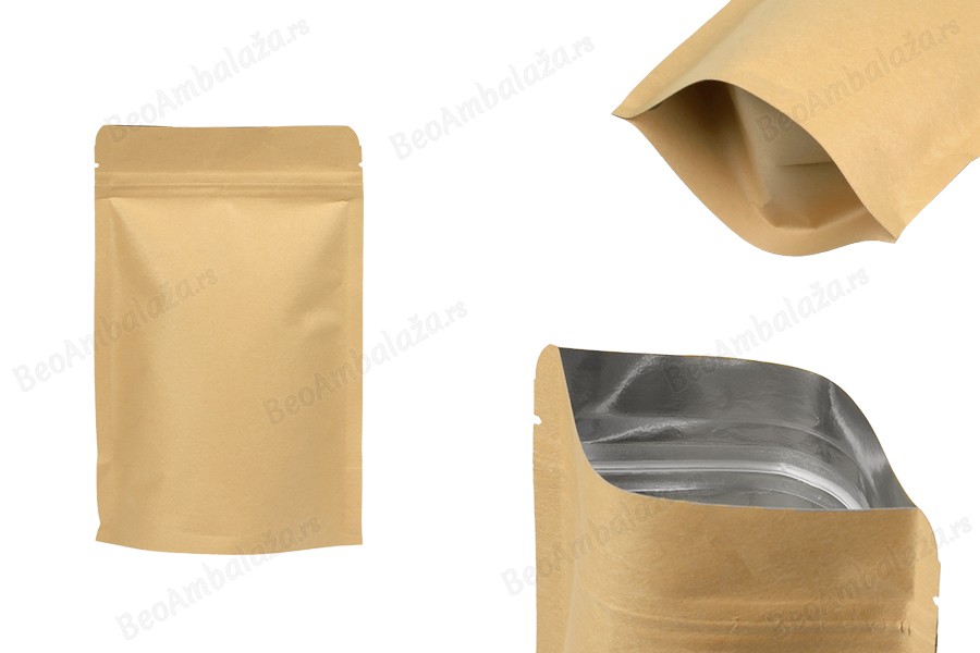 Kraft DoyPack kesice 130x40x210 mm sa zip zatvaranjem, unutrašnjom aluminijumskom oblogom, ovalnim dnom i sa mogućnošću termo zatvaranja – 50 kom-slika_proizvoda