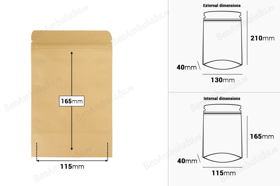 Kraft DoyPack kesice 130x40x210 mm sa zip zatvaranjem, unutrašnjom aluminijumskom oblogom, ovalnim dnom i sa mogućnošću termo zatvaranja – 50 kom-dimenzije_slike