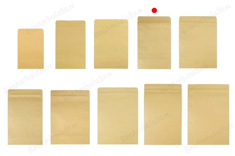 Kraft DoyPack kesice 130x40x210 mm sa zip zatvaranjem, unutrašnjom aluminijumskom oblogom, ovalnim dnom i sa mogućnošću termo zatvaranja – 50 kom-grupa_slika