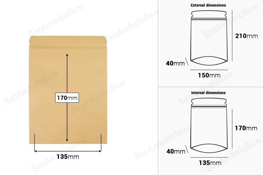 Kraft DoyPack kesice sa zip zatvaranjem, unutrašnjom aluminijumskom oblogom, ovalnim dnom i sa mogućnošću termo zatvaranja150x40x210 mm – 50 kom-dimenzije_slike