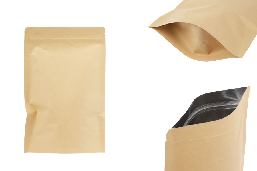 Kraft DoyPack kesice 150x40x240 mm sa zip zatvaranjem, unutrašnjom aluminijumskom oblogom, ovalnim dnom i sa mogućnošću termo zatvaranja – 50 kom-slika_proizvoda