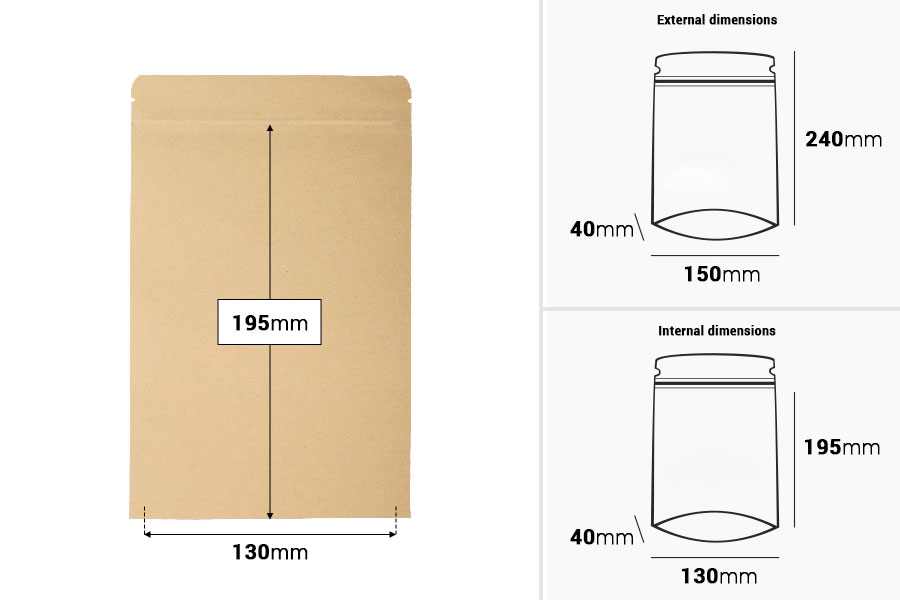 Kraft DoyPack kesice 150x40x240 mm sa zip zatvaranjem, unutrašnjom aluminijumskom oblogom, ovalnim dnom i sa mogućnošću termo zatvaranja – 50 kom-dimenzije_slike