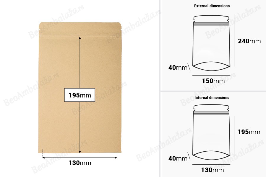 Kraft DoyPack kesice 150x40x240 mm sa zip zatvaranjem, unutrašnjom aluminijumskom oblogom, ovalnim dnom i sa mogućnošću termo zatvaranja – 50 kom-dimenzije_slike