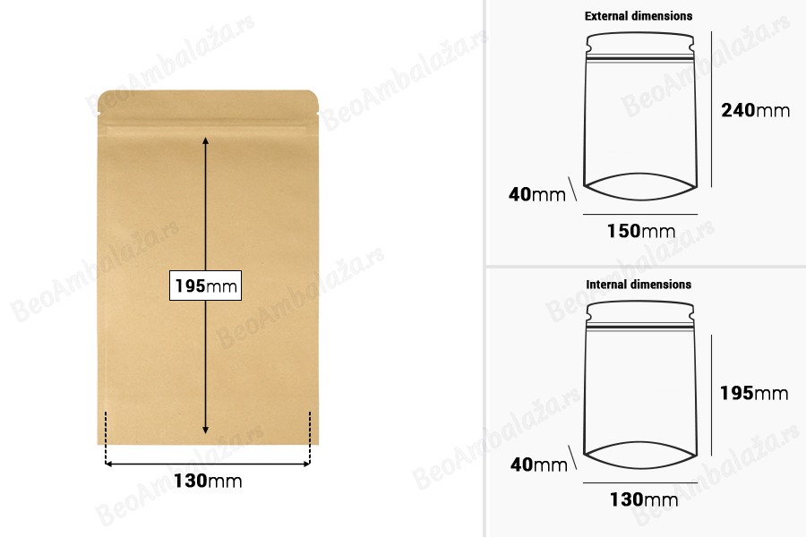 Kraft DoyPack kesice sa zip zatvaranjem, unutrašnjom aluminijumskom oblogom, ovalnim dnom i sa mogućnošću termo zatvaranja 150x40x240 mm – 50 kom-dimenzije_slike