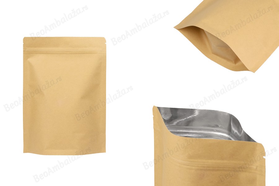 Kraft DoyPack kesice sa zip zatvaranjem, unutrašnjom aluminijumskom oblogom, ovalnim dnom i sa mogućnošću termo zatvaranja 170x40x240 mm – 50 kom-slika_proizvoda