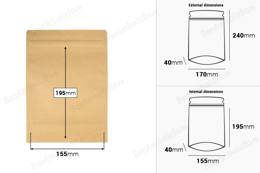 Kraft DoyPack kesice sa zip zatvaranjem, unutrašnjom aluminijumskom oblogom, ovalnim dnom i sa mogućnošću termo zatvaranja 170x40x240 mm – 50 kom-dimenzije_slike