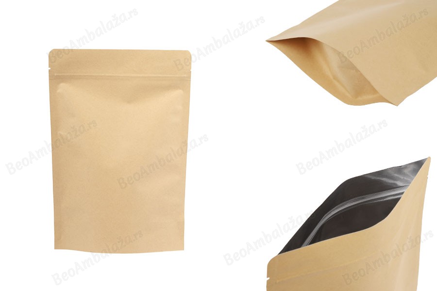 Kraft DoyPack kesice 180x40x260 mm sa zip zatvaranjem, unutrašnjom aluminijumskom oblogom, ovalnim dnom i sa mogućnošću termo zatvaranja – 50 kom-slika_proizvoda