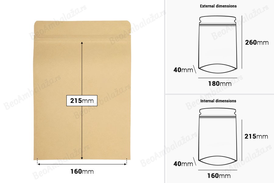 Kraft DoyPack kesice 180x40x260 mm sa zip zatvaranjem, unutrašnjom aluminijumskom oblogom, ovalnim dnom i sa mogućnošću termo zatvaranja – 50 kom-dimenzije_slike