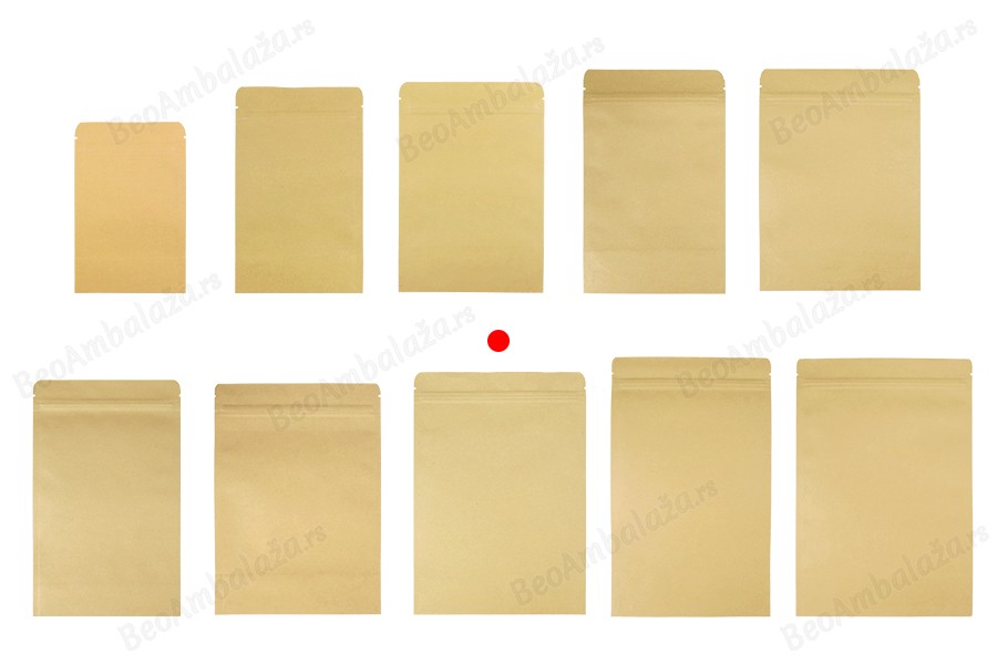 Kraft DoyPack kesice 180x40x260 mm sa zip zatvaranjem, unutrašnjom aluminijumskom oblogom, ovalnim dnom i sa mogućnošću termo zatvaranja – 50 kom-grupa_slika