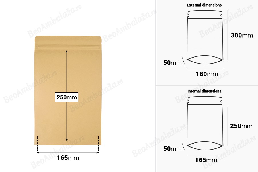 Kraft DoyPack kesice 180x50x300 mm sa zip zatvaranjem, unutrašnjom aluminijumskom oblogom, ovalnim dnom i sa mogućnošću termo zatvaranja – 50 kom-dimenzije_slike