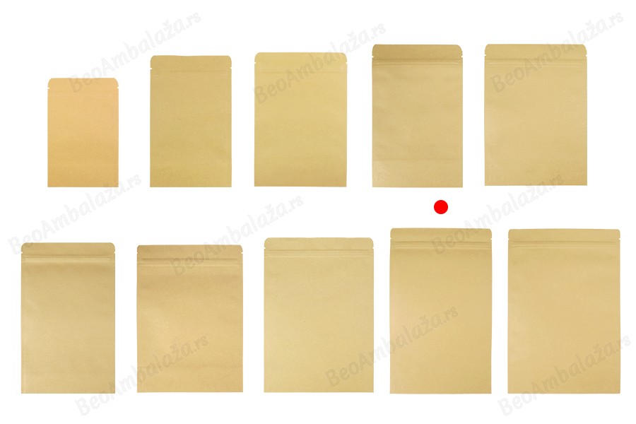 Kraft DoyPack kesice 180x50x300 mm sa zip zatvaranjem, unutrašnjom aluminijumskom oblogom, ovalnim dnom i sa mogućnošću termo zatvaranja – 50 kom-grupa_slika