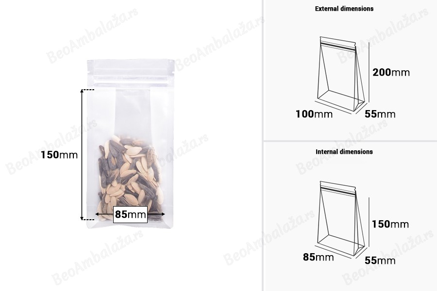 Providne DoyPack kesice sa zip zatvaranjem, četvrtastim dnom i sa mogućnošću termo zatvaranja 100x55x200mm - 50kom-dimenzije_slike
