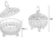 Staklena okrugla fondanjerica sa poklopcem, 3 nogice i izrezbane motive 120x95 mm-dimenzije_slike