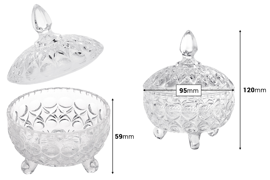 Staklena okrugla fondanjerica sa poklopcem, 3 nogice i izrezbane motive 120x95 mm-dimenzije_slike