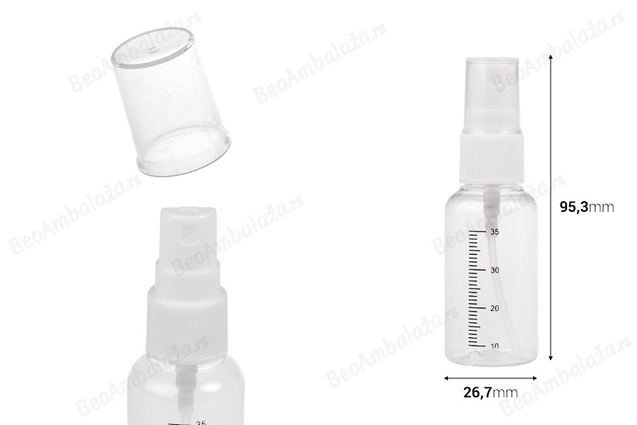 Providna plastična flašica 35mL sa mernim oznakama, sprejom i zatvaračem - 12 kom-dimenzije_slike