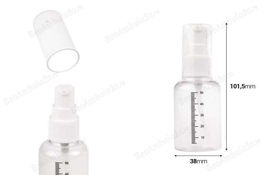 Plastična flašica 50mL za kreme sa mernim oznakama, pumpicom i zatvaračem - 24 kom-dimenzije_slike