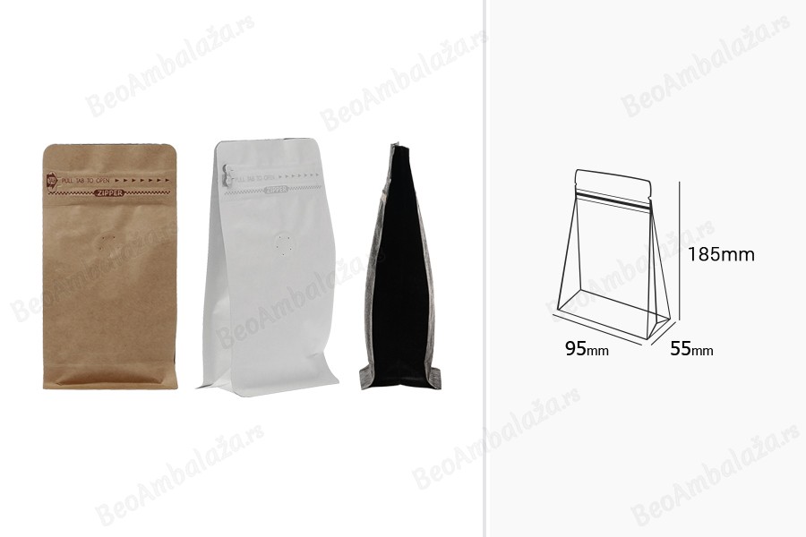 Aluminijumske DoyPack kesice 95x55x185 mm sa ventilom, kraft spoljnom oblogom, sigurnosnom tračicom i zipom, na termo zatvaranje, idealne za kafu - 25kom-dimenzije_slike