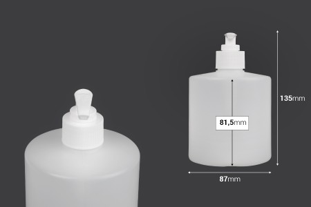 Plastična, okrugla flaša sa pumpicom 500ml za tečni sapun, poluprovidna PP28-dimenzije_slike