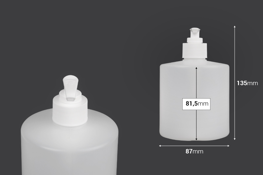 Plastična, okrugla flaša sa pumpicom 500ml za tečni sapun, poluprovidna PP28-dimenzije_slike