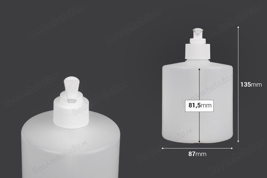Plastična, okrugla flaša sa pumpicom 500ml za tečni sapun, poluprovidna PP28-dimenzije_slike