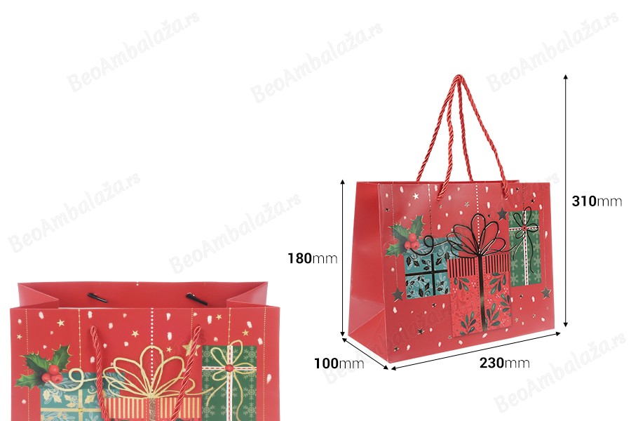 Božićne papirne poklon kese, dimenzija 230x100x180 mm (210 g) sa ručkom - 12 kom raznih motiva-dimenzije_slike