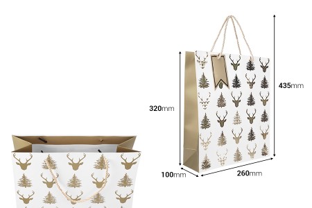 Bela papirna poklon-kesa za Božić 260x100x320 mm sa zlatnim motivima i ručkom od kanapa – 12 komada različiti dezeni-dimenzije_slike