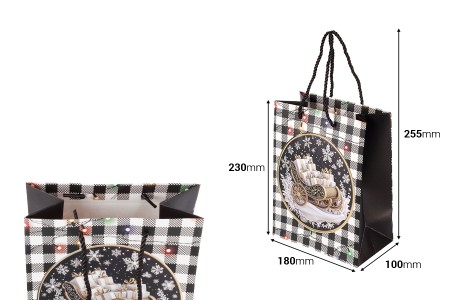 Božićna crno-bela papirna poklon-kesa  sa crnim kanapom  180x100x230 mm – 12 komada različitih dezena-dimenzije_slike