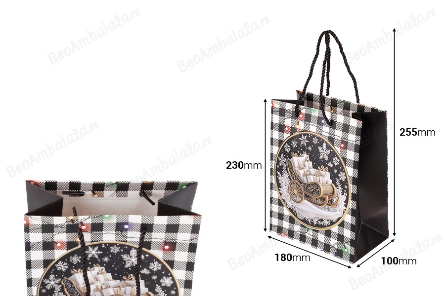 Božićna crno-bela papirna poklon-kesa  sa crnim kanapom  180x100x230 mm – 12 komada različitih dezena-dimenzije_slike