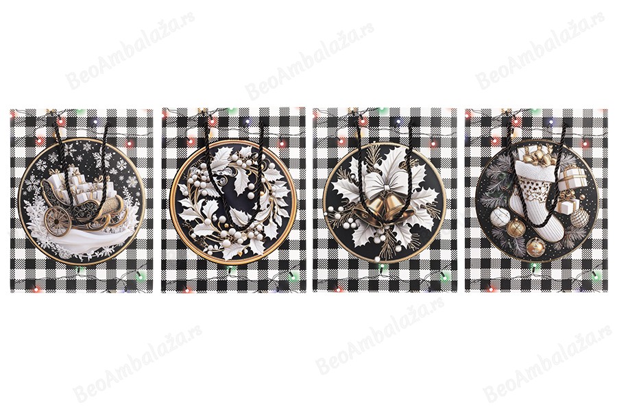 Božićna crno-bela papirna poklon-kesa  sa crnim kanapom  180x100x230 mm – 12 komada različitih dezena-grupa_slika
