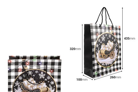 Božićna crno-bela papirna poklon-kesa  sa crnim kanapom 260x100x320mm – 12 komada različitih dezena-dimenzije_slike