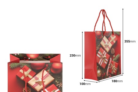 Božićna crvena papirna poklon-kesa 180x100x230 mm sa prazničnim motivima i ručkom od crvenog kanapa – 12 komada različiti dezeni-dimenzije_slike