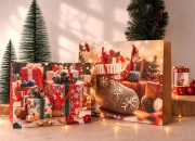 Božićna papirna poklon-kesa 230x100x180 mm sa prazničnim motivima i crvenom vrpcom – 12 komada različiti dezeni-grupa_slika
