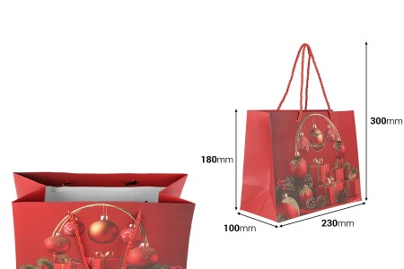 Božićna papirna poklon-kesa 230x100x180 mm sa prazničnim motivima i crvenom vrpcom – 12 komada različiti dezeni-dimenzije_slike