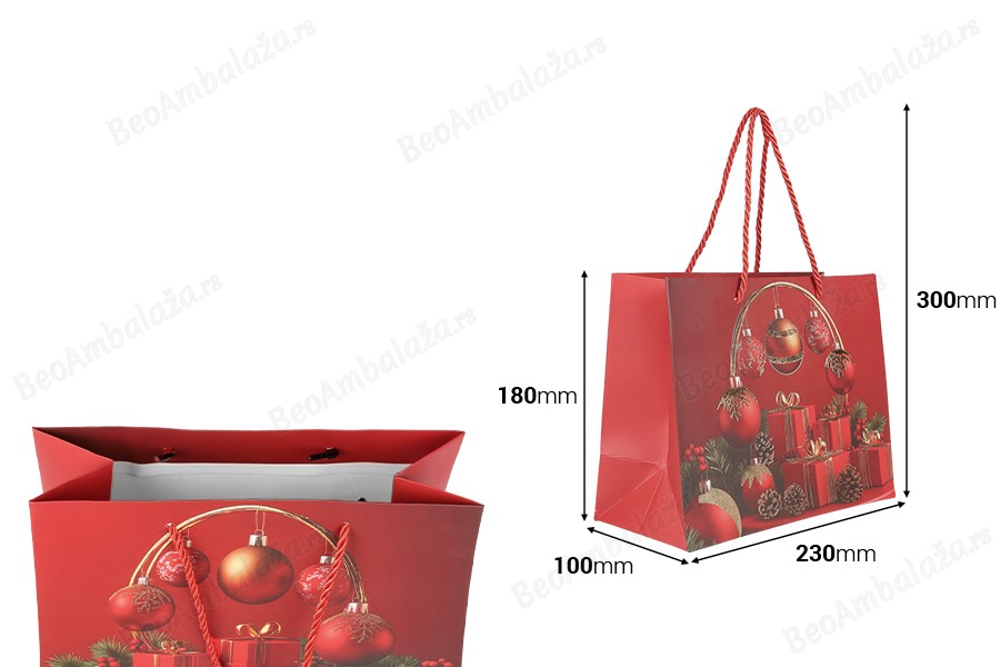 Božićna papirna poklon-kesa 230x100x180 mm sa prazničnim motivima i crvenom vrpcom – 12 komada različiti dezeni-dimenzije_slike