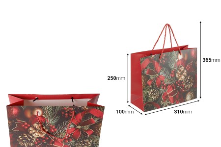 Božićna papirna poklon-kesa 310x100x250 mm sa prazničnim motivima i crvenom vrpcom – 12 komada različiti dezeni-dimenzije_slike