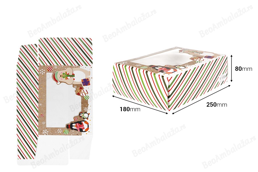 Božićna papirna kutija 250x80x180 mm sa providnim prozorom za kolačiće i slatkiše – 12 komada, različiti dezeni-dimenzije_slike