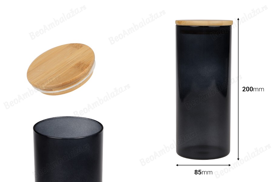 Staklena okrugla tegla 85x200mm, sa drvenim poklopcem sa sigurnosnom gumicom, u raznim bojama-dimenzije_slike